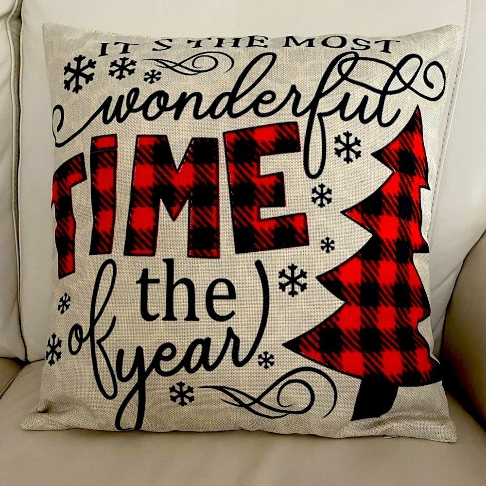 Plaid Christmas Throw Pillow 18x18 – Zippered Cover, Holiday Decor, Snowflakes &